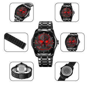 Details Montre Tête de Mort "Spectre Lumineux" Acier Noir & Cadran LED Coloré - 5 couleurs au choix !