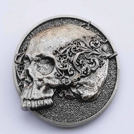 Boucle de Ceinture Tête de Mort Crâne du Jugement Doré Couleur Argent