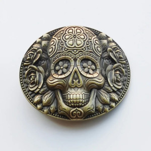 Boucle de Ceinture Tête de Mort – Calavera Florale Couleur Or