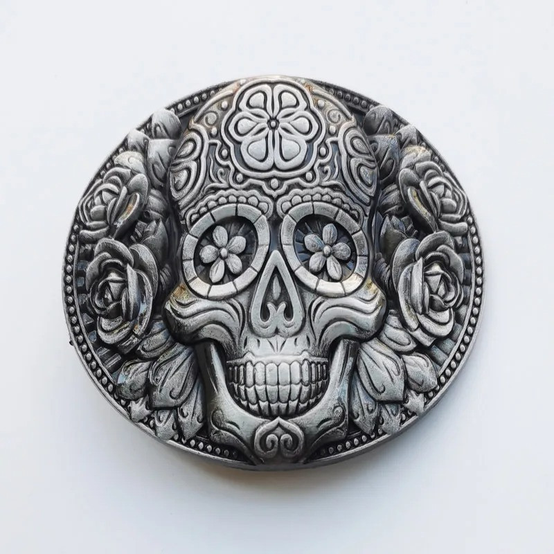 Boucle de Ceinture Tête de Mort – Calavera Florale Couleur Argent