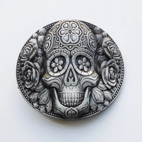 Boucle de Ceinture Tête de Mort – Calavera Florale Couleur Argent