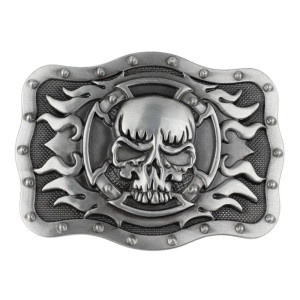 Boucle de Ceinture Tête de Mort - Crâne Infernal aux Flammes Métalliques Couleur Argent