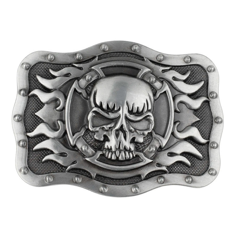 Boucle de Ceinture Tête de Mort - Crâne Infernal aux Flammes Métalliques Couleur Argent