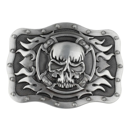 Boucle de Ceinture Tête de Mort - Crâne Infernal aux Flammes Métalliques Couleur Argent