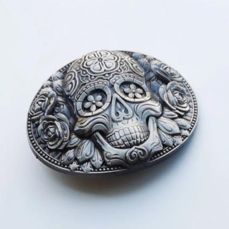 Détails de la Boucle de Ceinture Tête de Mort - Calavera Florale