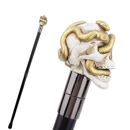 Vue de Cote Canne Tête de Mort Serpents de Méduse Dorée