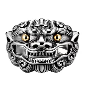 Vue de face Bague Tête de Lion "Gardien du Temple Céleste"