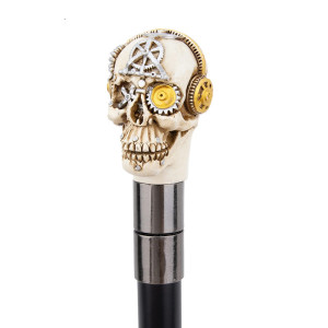 Vue de Cote Canne Tête de Mort Steampunk - Le Sceau du Mécanomancien
