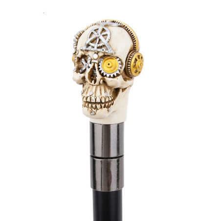Vue de Cote Canne Tête de Mort Steampunk - Le Sceau du Mécanomancien