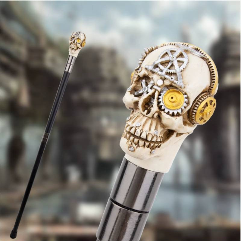 Magnifique Canne Tête de Mort Steampunk - Le Sceau du Mécanomancien
