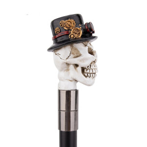Vue de Cote Canne Tête de Mort Steampunk - Le Dandy Mécanique