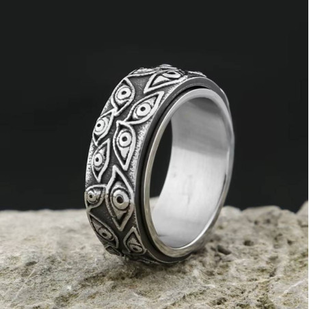 Vue côté de la Magnifique Bague Œil d’Horus - Le Regard d’Argent de la Clairvoyance Anneau Rotatif