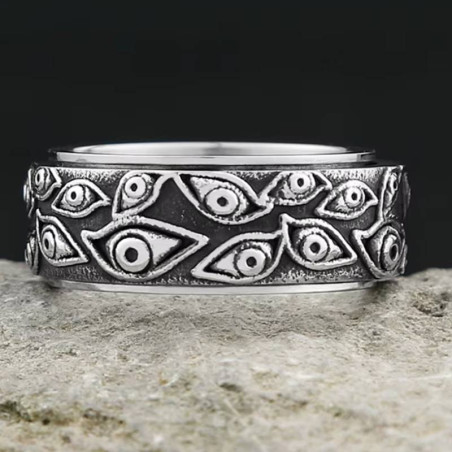 Vue complète de la Vue côté de la Magnifique Bague Œil d’Horus - Le Regard d’Argent de la Clairvoyance Anneau Rotatif