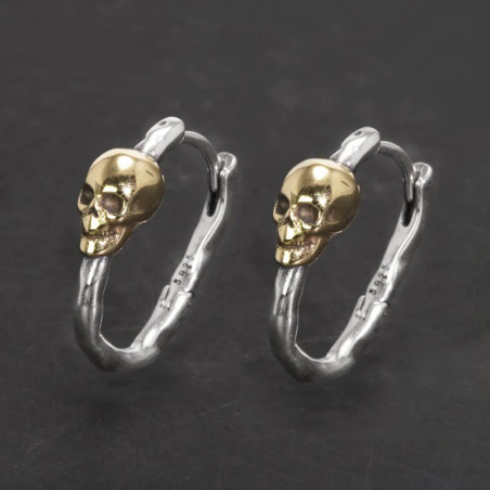 Avant Boucles d'oreilles Tête de Mort Créoles Articulées " La Vanité Dorée" - Argent 925