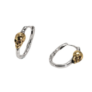 Vue générale Boucles d'oreilles Tête de Mort Créoles Articulées " La Vanité Dorée" - Argent 925