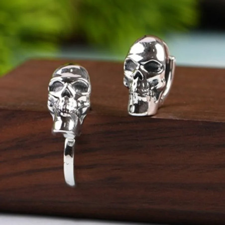 Avant Boucles d'oreilles Tête de Mort Mini-Créoles Articulées "Crâne d'Argent" - Argent 925