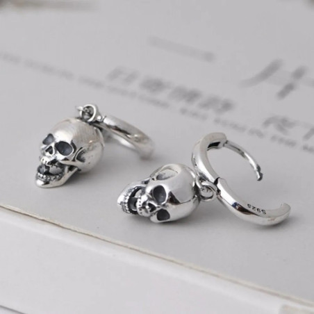 Avant Boucles d'oreilles Tête de Mort Créoles à Pendentif "Crâne Suspendu" - Argent 925