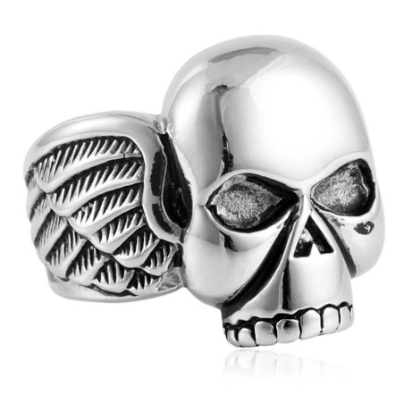 Vue de Cote Bague Tête de Mort "Ailes du Néant"