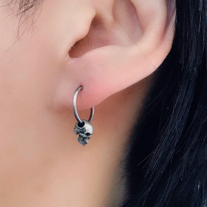 Vue Portée Boucles d'oreilles Tête de Mort Mini-Créoles Bicolores "Crâne Doré" - Argent 925
