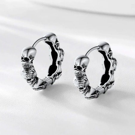 Avant Boucles d'oreilles Tête de Mort Mini-Créoles Articulées "Triple Crâne" - Argent 925