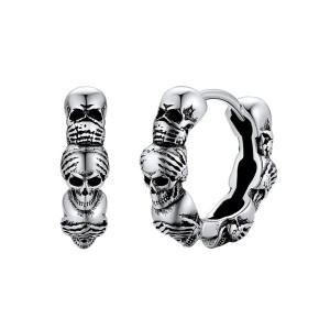 Vue de Cote Boucles d'oreilles Tête de Mort Mini-Créoles Articulées "Triple Crâne" - Argent 925