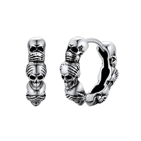 Vue de Cote Boucles d'oreilles Tête de Mort Mini-Créoles Articulées "Triple Crâne" - Argent 925