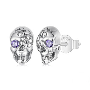Vue générale Boucles d’Oreilles Tête de Mort “Calavera Fleur Améthyste” -  Argent 925