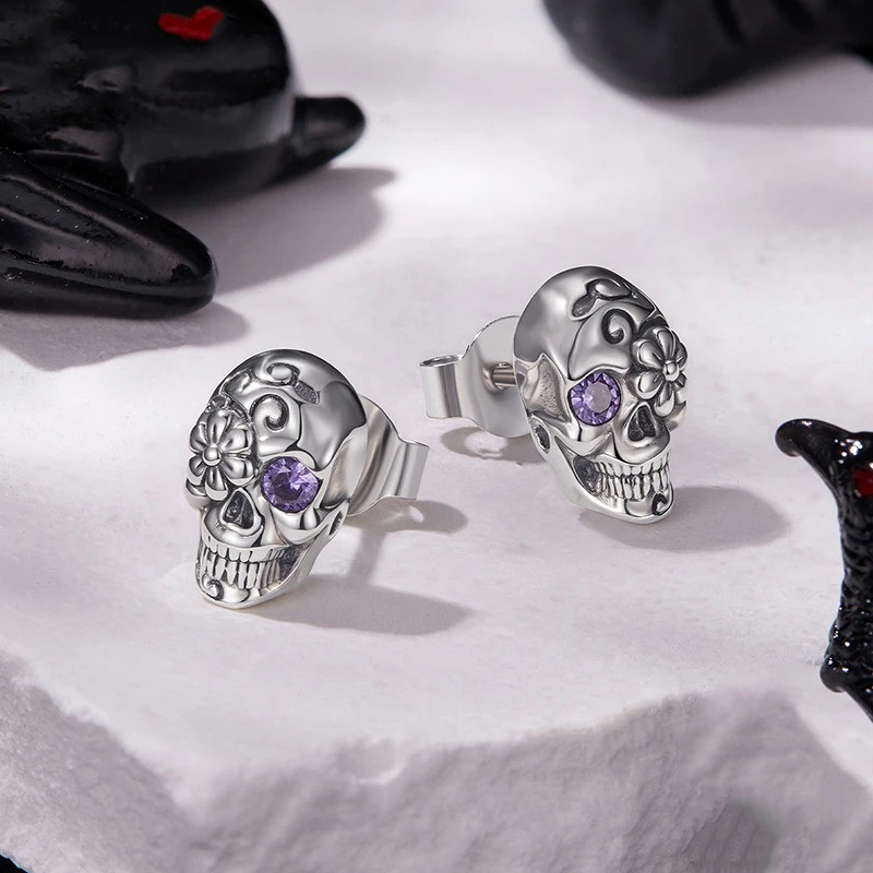Boucles d’Oreilles Tête de Mort “Calavera Fleur Améthyste” -  Argent 925