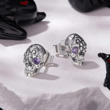 Boucles d’Oreilles Tête de Mort “Calavera Fleur Améthyste” -  Argent 925