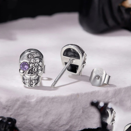 Avant Boucles d’Oreilles Tête de Mort “Calavera Fleur Améthyste” -  Argent 925