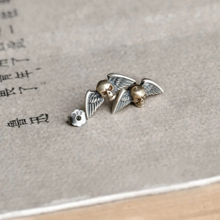 Vue de Face Boucles d’Oreilles Tête de Mort "Ailes de l’Ange Déchu" - Argent 925