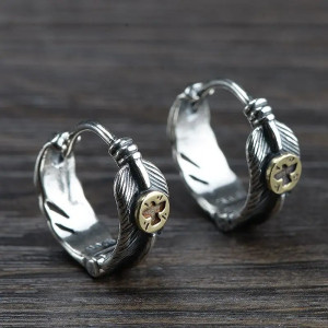 Boucles d’oreilles Rock Anneaux Plume & Croix Dorée Argent 925