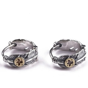 Vue générale Boucles d’oreilles Rock Anneaux Plume & Croix Dorée Argent 925