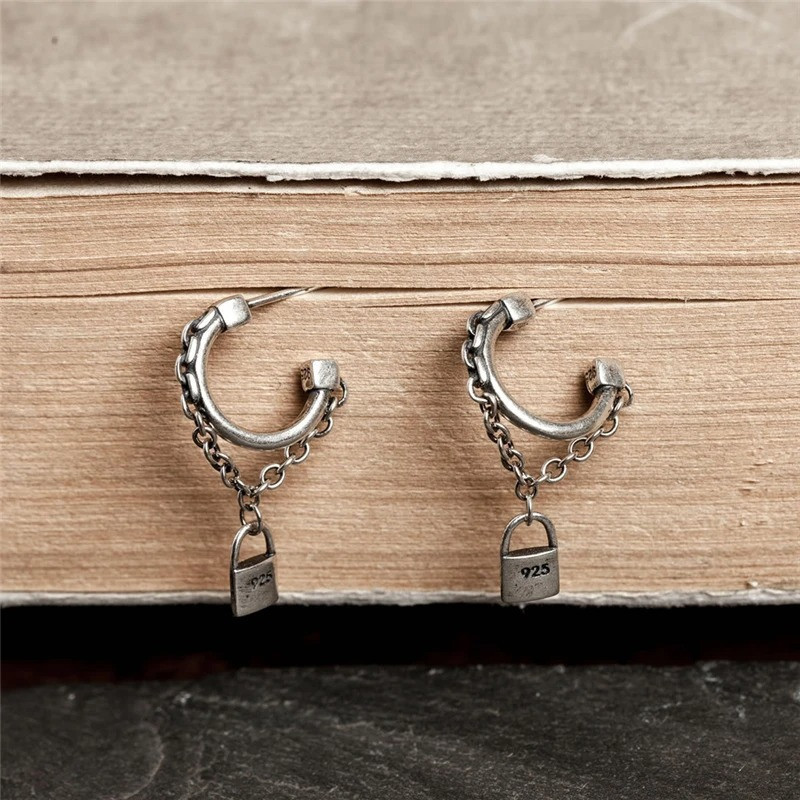 Boucles d’Oreilles Goth Rock 'Chaînes du Verrou Sombre' – Argent 925