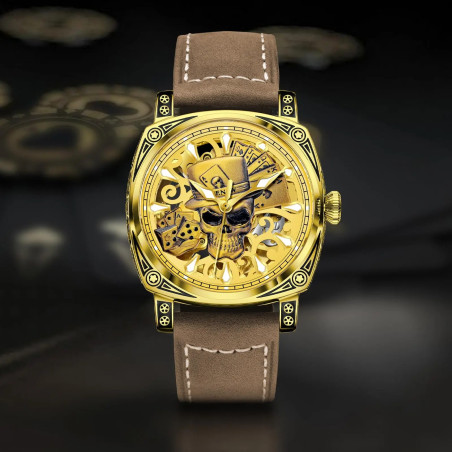 Montre Tête de Mort Automatique - Joueur du Destin Mécanique Couleur or marron