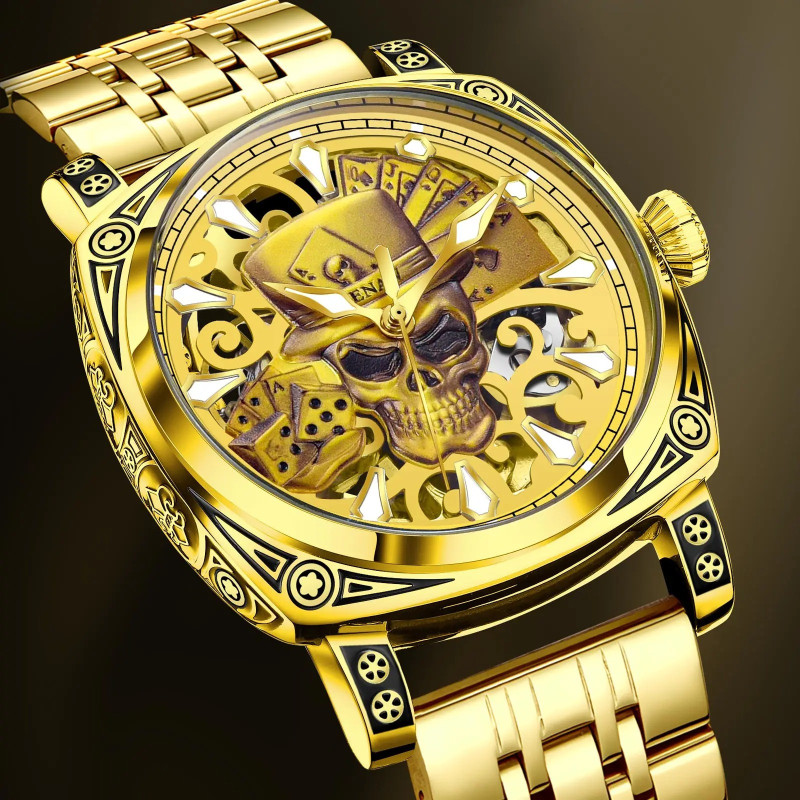 Montre Tête de Mort Automatique - Joueur du Destin Mécanique Couleur OR