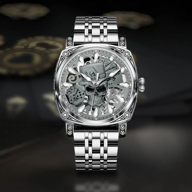 Montre Tête de Mort Automatique - Joueur du Destin Mécanique Couleur Acier