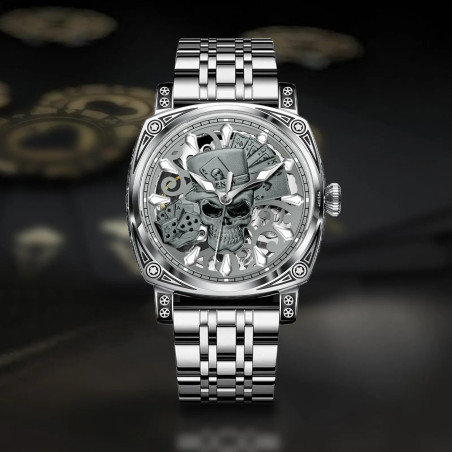 Montre Tête de Mort Automatique - Joueur du Destin Mécanique Couleur Acier