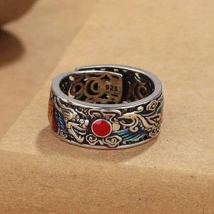 Vue de Face Bague Rock Dragon & Fenghuang (鳳凰) – Orbe de Feu Oriental