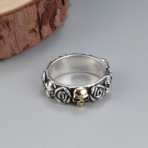 Bague Tête de Mort “Roses Noires & Crâne Doré” - Argent 925