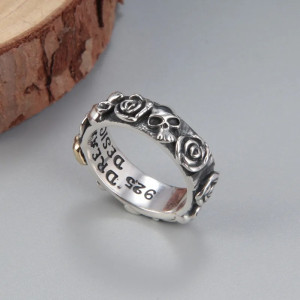 Avant Bague Tête de Mort “Roses Noires & Crâne Doré” - Argent 925