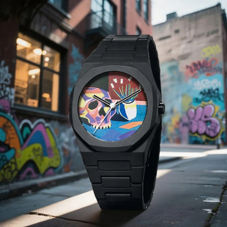 Vue de Face Montre Tête de Mort - Crâne Cubiste Coloré