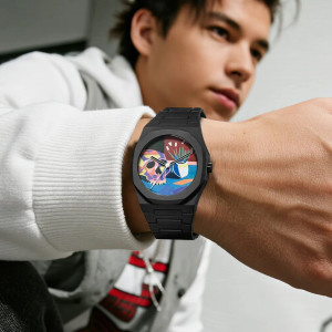 Vue Portée Montre Tête de Mort - Crâne Cubiste Coloré
