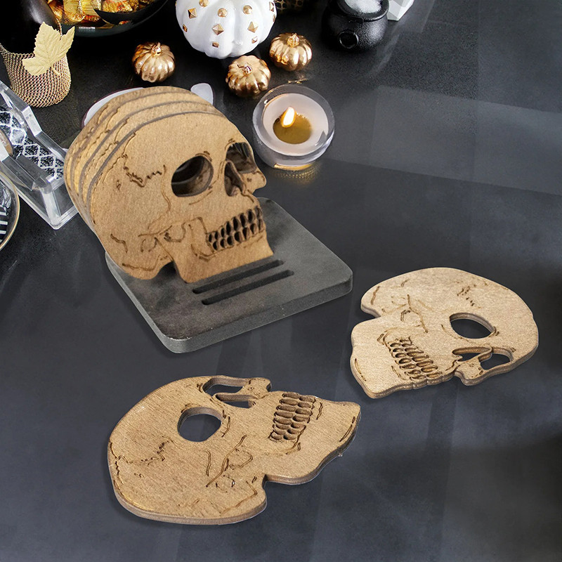 Vue de Face Dessous de Verre Tête de Mort "Crâne du Banquet Sombre"  Lot de 6 !