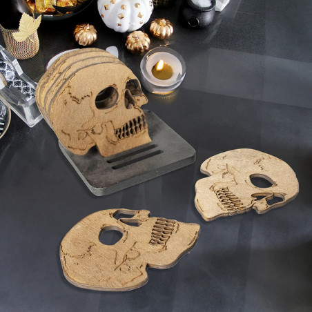 Vue de Face Dessous de Verre Tête de Mort "Crâne du Banquet Sombre"  Lot de 6 !