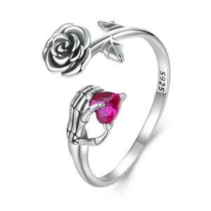 Bague Gothique “Rose & Main Squelettique du Cœur Pourpre”- Argent 925