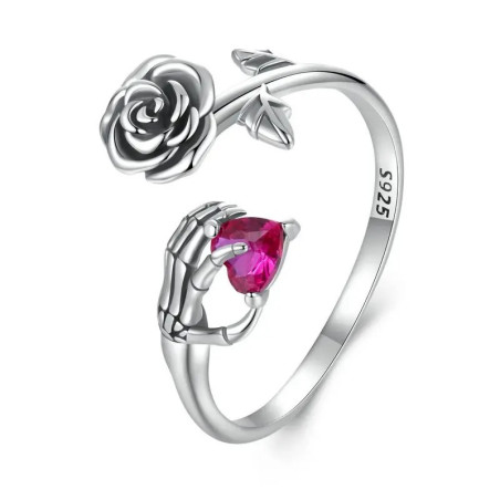 Bague Gothique “Rose & Main Squelettique du Cœur Pourpre”- Argent 925