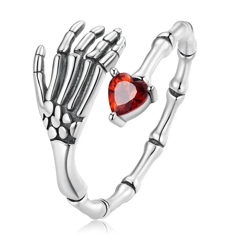 Bague Squelette “Cœur Rouge des Mains de l’Ombre”- Argent 925