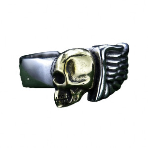 Vue générale Bague Tête de Mort “Ange Déchu de l'Ombre Doré” - Argent 925