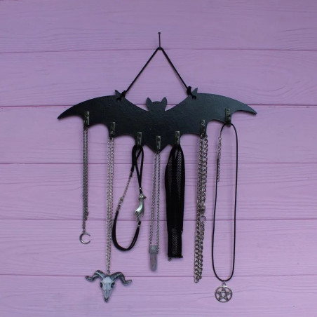 Vue de Face Porte-Clés Mural Chauve-Souris & Porte-Bijoux Gothique - Organisateur 7 Crochets (29cm)
